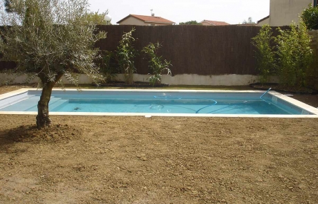 Travaux de plantation / engazonnement autour d’une piscine – Pas japonais en pierre de Bourgogne (2013)